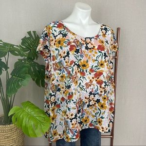 Jones New York Painted Floral Print Button Back Hi-Lo Blouse Top (Sz 2X)